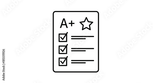 A simple black outline icon of a test paper with an A-plus grade and a star symbolizing excellent school performance.