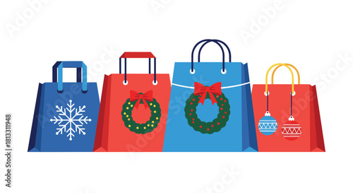 Four colorful Christmas shopping bags decorated with snowflakes wreaths and ornaments for holiday sales and gift-giving concepts.