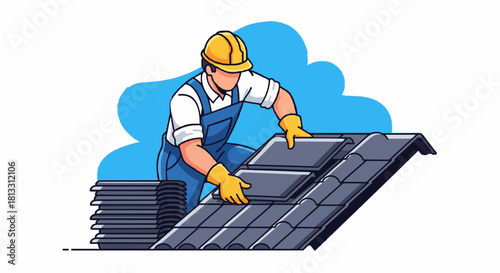 Cartoon construction worker installing roof tiles flat vector.