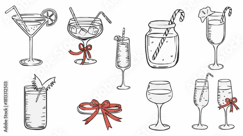 Hand-Drawn Christmas and Holiday Cocktail Glasses Set: Line Art Drink Icons