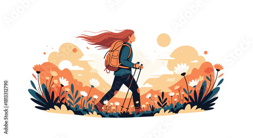 Illustration of a young woman with long red hair and a backpack hiking with poles through a beautiful mountain meadow of flowers.