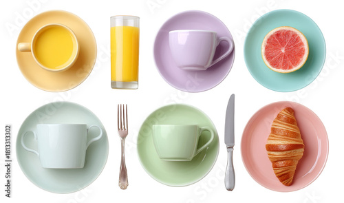 Colorful Breakfast Arrangement with Drinks and Pastries on Isolated Background