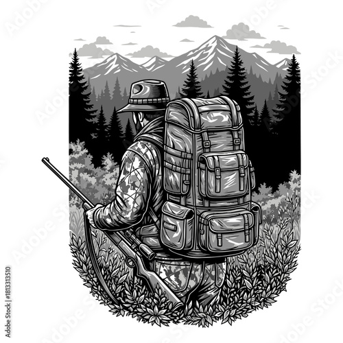 Hunter with a large backpack and rifle walking through a forest with mountains in black and white.
