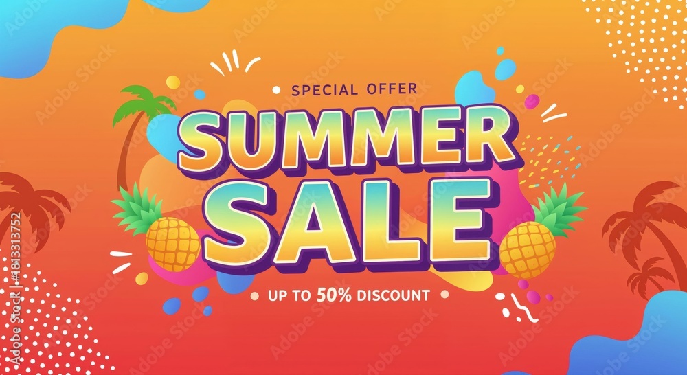 Obraz premium Summer Sale Banner: A vibrant and eye-catching banner announces a Summer Sale, featuring bright colors, tropical elements, and a tempting discount, perfect for promoting seasonal offers.