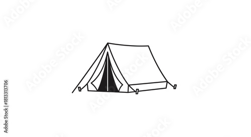 A simple black and white line art icon of a classic A-frame tent for camping in the great outdoors isolated on a white background.