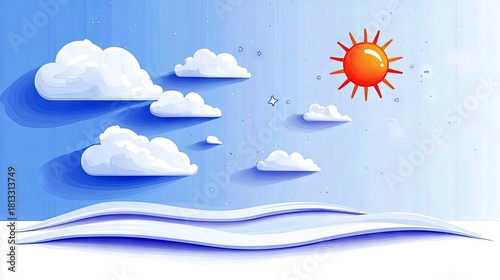A vibrant, stylized depiction of a sunny day with a bright orange sun, white clouds, and undulating white ground.