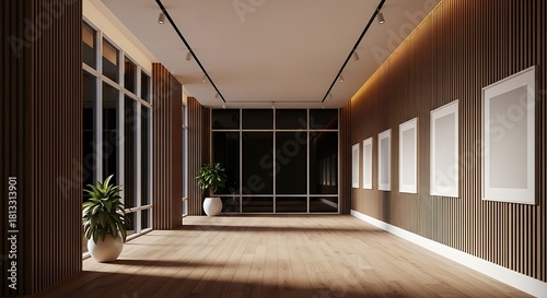 An empty modern art gallery or hallway with vertical wood paneling, blank frames for mockup, and large windows