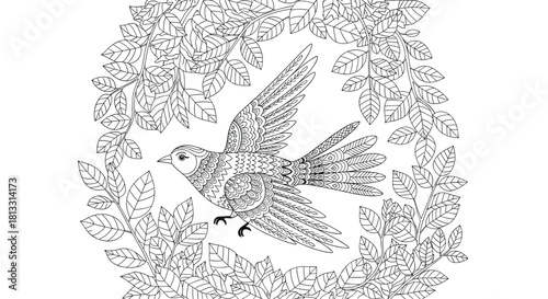 A beautifully detailed zentangle-style bird with patterned wings flying within a circular frame of leaves for coloring.