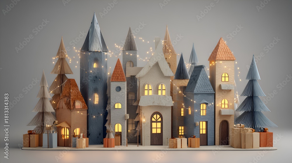 Naklejka premium A whical Christmas village scene crafted from cardboard and adorned with twinkling fairy lights and small wrapped gifts on a snowy base.