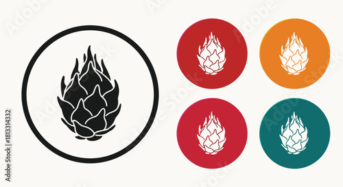 A set of circular flat design icons featuring a silhouette of a dragon fruit or pitaya in various vibrant color schemes.