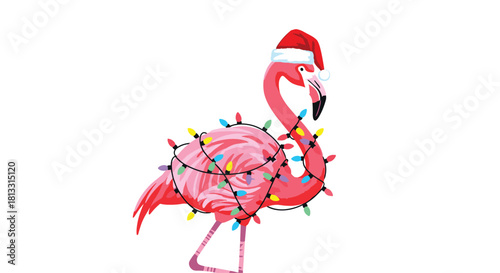A funny cartoon pink flamingo celebrating a tropical Christmas wearing a Santa hat and tangled in colorful holiday lights.