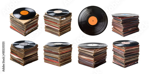 Vintage Vinyl Records Stack Collection, set collection, mega bundle, isolated on transparent background