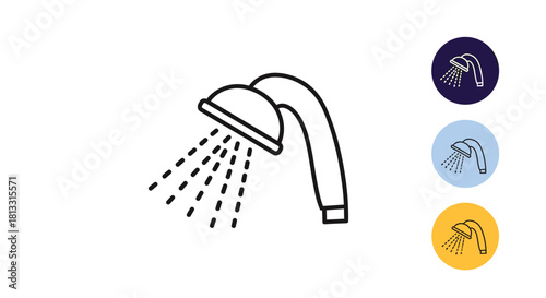 A simple line art icon of a shower head spraying water shown as a standalone outline and inside colorful circular buttons.