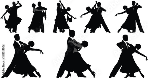 Ballroom Dancing Silhouettes Set, Vector Collection of Elegant Couples Performing Latin and Standard Dances like Tango, Waltz, and Foxtrot in Dynamic Poses.