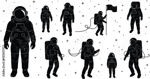Astronaut Black Silhouette Vector Set, Space Suit Collection with Cosmonauts in Various Poses, Including Flag Planting and Zero Gravity Actions Among Stars.