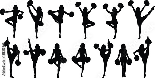 Cheerleader Silhouettes Set: Collection of Dynamic Poses with Pom-Poms, Featuring Women Cheerleaders Performing Energetic Splits, High Kicks, and Standing Jumps.