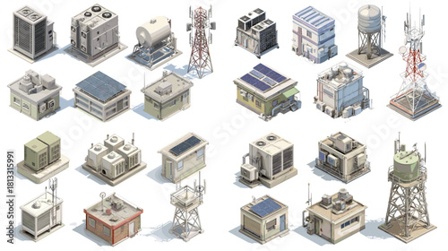 A detailed collection of rooftop utility structures featuring communication towers, antennas, solar panels, HVAC units, and industrial equipment in a clean urban style.
