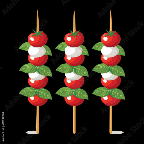 Three stacked caprese skewers with cherry tomatoes, mozzarella balls, and basil leaves, creating an elegant and fresh vertical party appetizer - Vector Illustration
