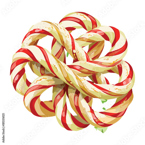 Wreath-shaped arrangement of red and white striped peppermint candy canes, creating a sweet and festive edible holiday decoration or centerpiece - Vector Illustration