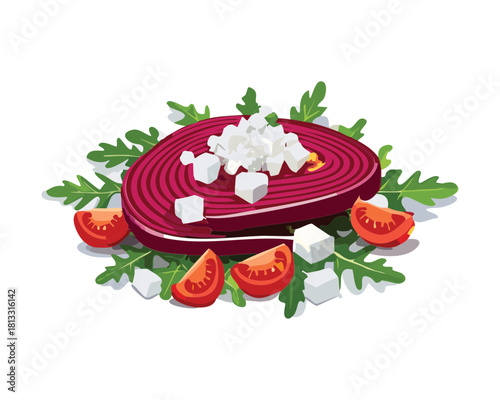 Delicious slice of red onion topped with crumbled white Feta cheese, cherry tomatoes, and fresh green parsley, a healthy savory appetizer - Vector Illustration