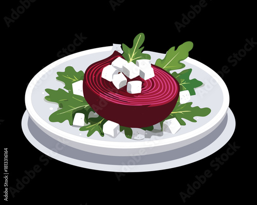 Thick slice of deep red beet topped with crumbled white Feta cheese and fresh arugula, a simple and elegant gourmet salad appetizer - Vector Illustration