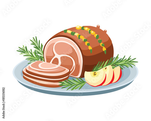 Thick slice of savory roasted meat or ham, tied with string and garnished with rosemary and fresh apple slices, served on a green plate - Vector Illustration