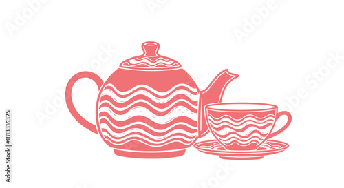 A charming pink teapot and teacup set with a white wavy line pattern perfect for a cozy afternoon teatime.