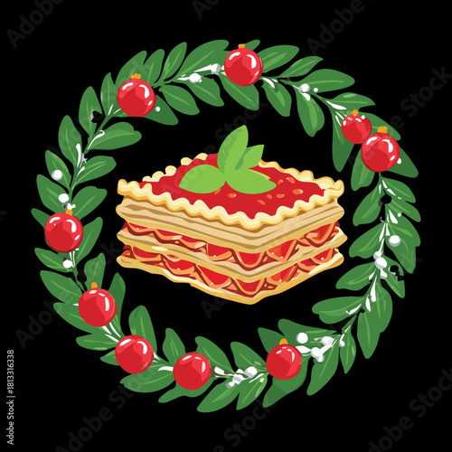 Stacked portion of beef lasagna, covered in a rich tomato sauce and cheese, surrounded by a festive green holly and berry wreath decoration - Vector Illustration