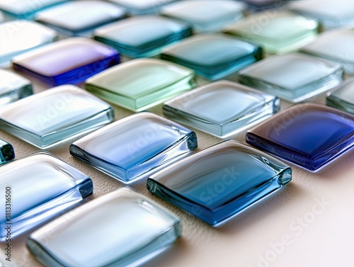 A textured background of square, translucent glass tiles in a variety of cool colors, arranged in a grid pattern.
