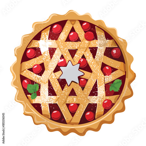Holiday round cherry pie with a golden lattice top, filled with vibrant red fruit, adorned with a small white star centerpiece for a festive meal - Vector Illustration