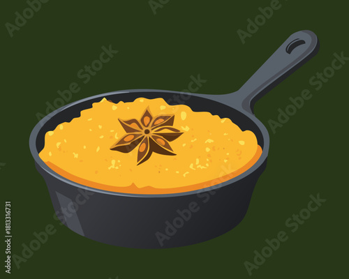 Creamy polenta or thick corn porridge served in a small black skillet, garnished with a single star anise for a cozy winter dish - Vector Illustration