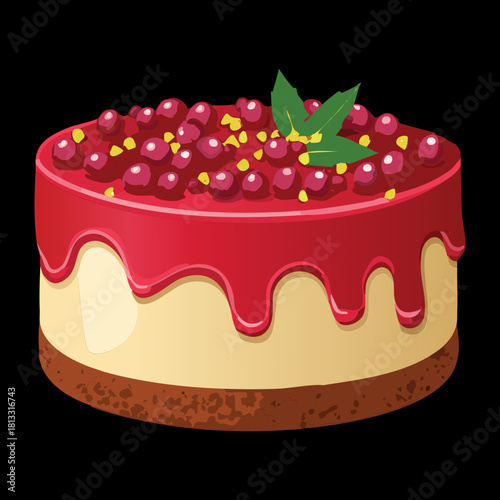 Decadent Berry Cheesecake with a Thick Graham Cracker Crust Generously Topped with Red Fruit and Mint - Vector Illustration