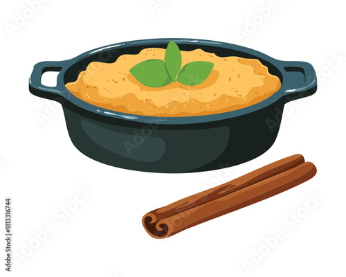 Comforting Baked Rice Pudding or Creamy Porridge in a Black Cast Iron Dish with Whole Cinnamon Sticks - Vector Illustration