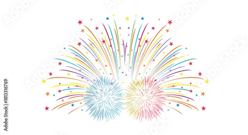 A vibrant and colorful explosion of fireworks with stars celebrating a festive holiday like New Year's or the Fourth of July.