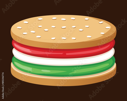 Round sandwich cookie with red and green cream filling, a simple, classic, and colorful baked sweet treat for holiday celebrations - Vector Illustration