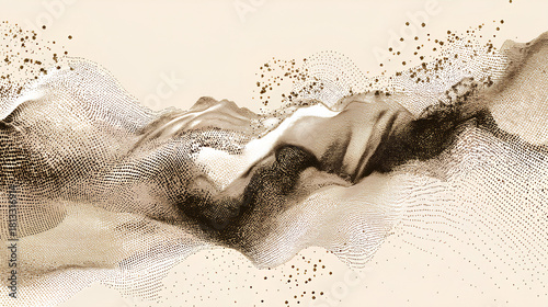 Dynamic wave of stipple dots forming abstract fluid pattern. Grunge texture with dissolve and undulate motion, elegant monochrome background for modern designs with sand, ripple, and grain effect