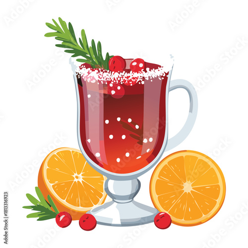 Mulled Wine Grog Holiday Drink with Orange Slices and Cinnamon Stick in a Glass Mug Warm Festive Beverage - Vector Illustration