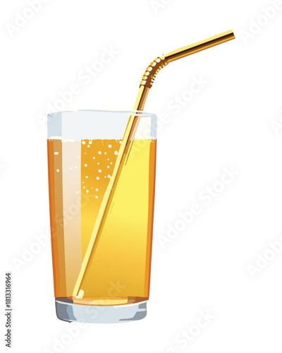 Refreshing Tall Glass of Iced Tea or Lemonade with a Gold Straw Summer Cold Beverage Drink Mocktail Style - Vector Illustration