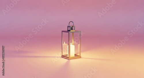 Elegant lantern with glowing candles casting soft light on pink background scene