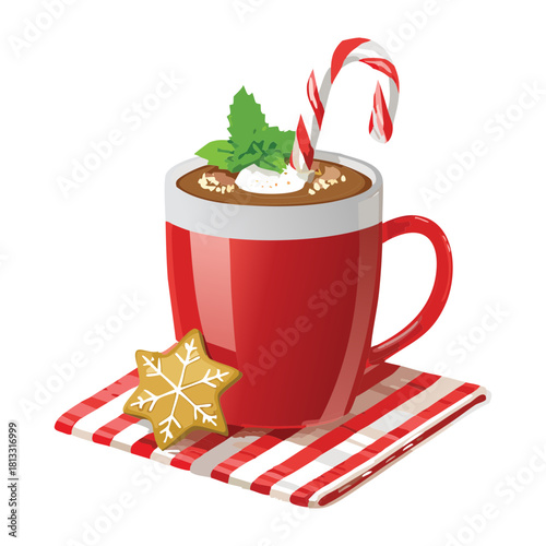 Steaming Hot Peppermint Mocha Latte Coffee with Candy Cane and Gingerbread Cookie Festive Christmas Drink - Vector Illustration