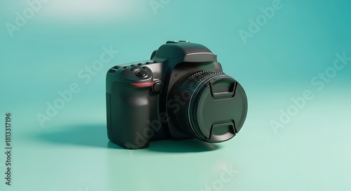 Professional camera ready for stunning photography, sleek design on aqua background