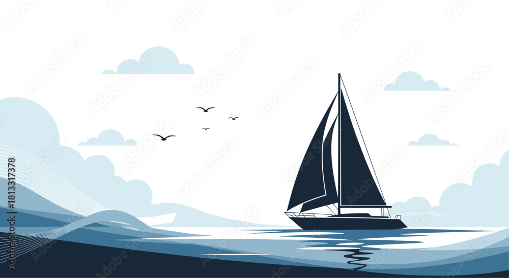 Naklejka premium A stylized illustration of a lone sailboat on a wavy sea with clouds and birds in a calm monochromatic blue palette.