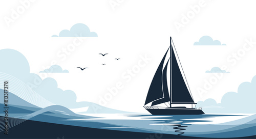 A stylized illustration of a lone sailboat on a wavy sea with clouds and birds in a calm monochromatic blue palette.