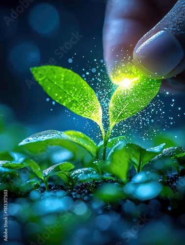 A person's finger gently touches a young green plant, causing it to emit a bright, magical glow and a shower of sparkling particles.