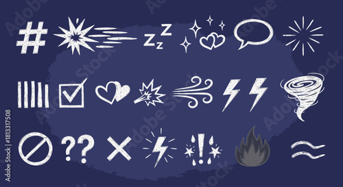 White chalk drawing of various symbols and icons on a dark blue background vector illustration