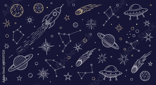 Space themed vector illustration with rocket planets stars and constellations for graphic design use