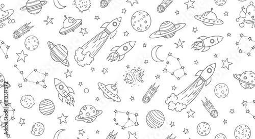 Space seamless pattern with rockets planets stars and ufo for kids coloring page and textile design