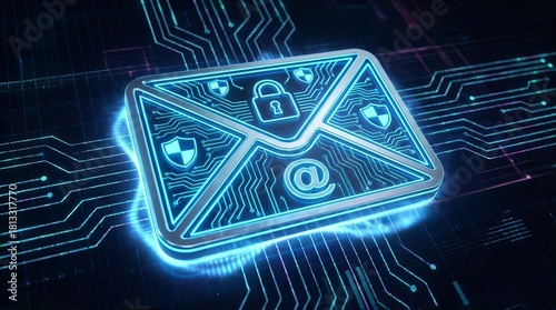 Futuristic secure email icon with circuitry patterns, digital shield elements, representing advanced encrypted communication system