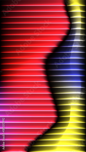 Dynamic Abstract Composition Featuring Vibrant Colored Lines and Curved Shapes Against a Dark Background
