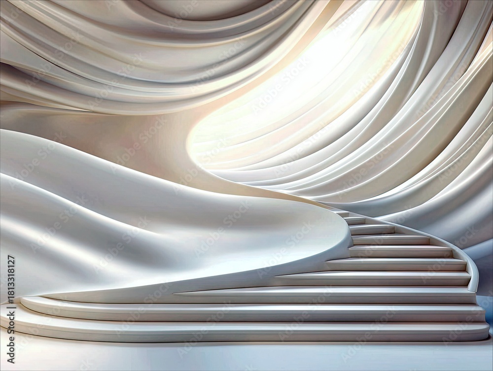Obraz premium A contemporary, flowing staircase ascends into a bright, abstract architectural space with smooth, curved walls and soft illumination.